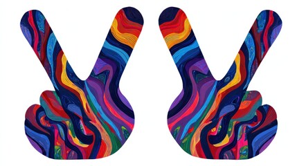 Two stylized peace signs, vibrant colorful abstract patterns