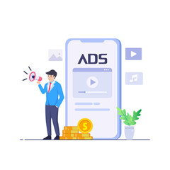 concept of Pay per click, PPC, paid advertising campaign displays ads on websites that generate revenue for publishers, Advertising or advertising, Promoting a brand to an audience, internet.