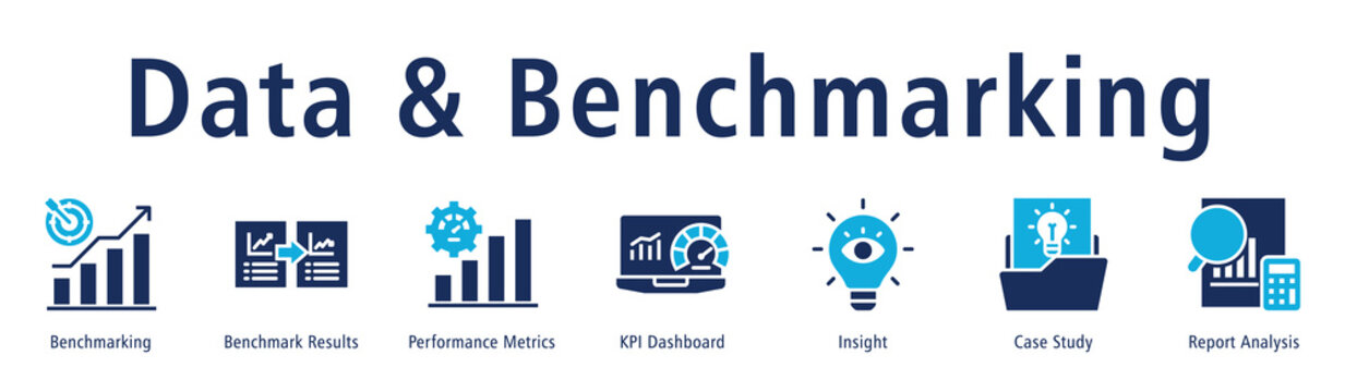 Data and benchmarking web banner icon vector illustration concept with icon of benchmarking, benchmark results, performance metrics, KPI dashboard, insight, case study, and report analysis.