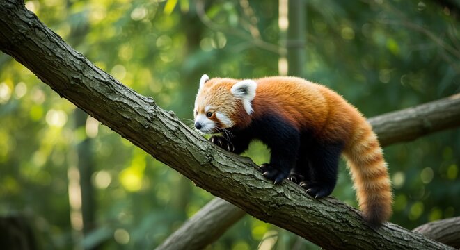 Vibrant red panda cautiously climbing a sturdy tree branch bathed in warm natural sunlight filtering through lush green foliage. AI Generated
