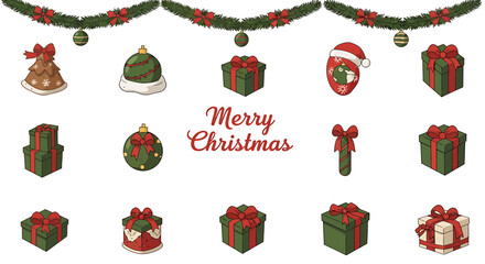 Delightful Christmas icons to spread holiday cheer, featuring vibrant gifts, trees, snowflakes, and ornaments for your festive designs and merry projects