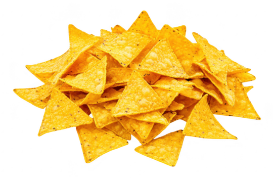 A pile of golden tortilla chips arranged artistically on a clean white background. perfect for snack options at a party or event. evoking a sense of fun and celebration