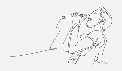 Continuous line drawing of a male singer performing with microphone. Isolated on white background. Vector illustration.