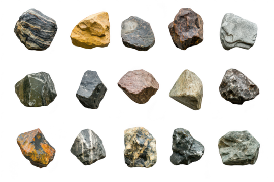 A diverse collection of natural stones various textures. colors. and shapes. arranged artistically on a clean white background. ideal for educational or decorative purposes