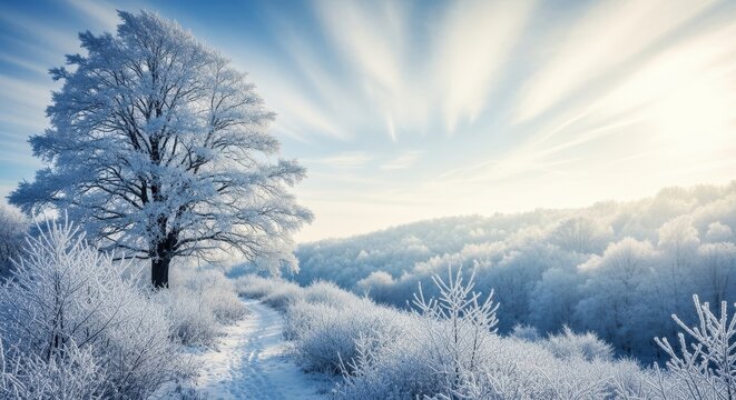 Stunning winter landscape with a solitary, frostcovered tree standing tall on a snowy hill overlooking a vast, sunlit forest valley under a dramatic blue sky with sun rays - Powered by Adobe