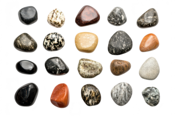 A diverse collection of polished stones arranged neatly on a white background. various colors and textures. ideal for use in artistic projects or educational materials