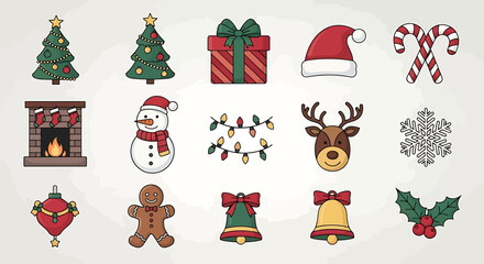 Delightful Christmas icons to spread holiday cheer, featuring vibrant gifts, trees, snowflakes, and ornaments for your festive designs and merry projects
