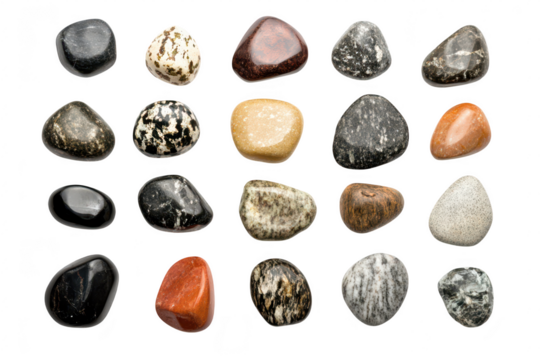 A diverse collection of polished stones arranged neatly on a white background. various colors and textures. ideal for use in artistic projects or educational materials