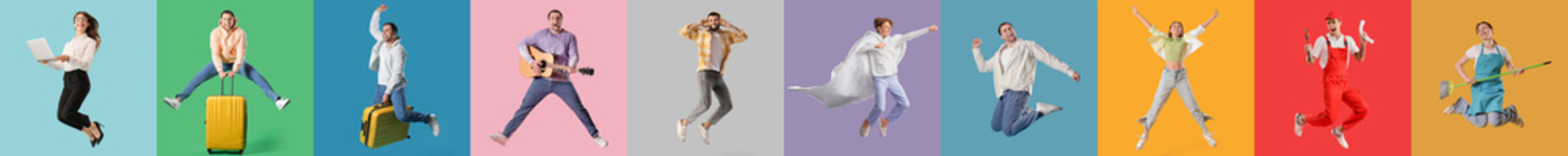 Collage of happy jumping people on color background