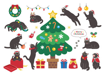 クリスマスを楽しむかわいい黒猫のイラスト