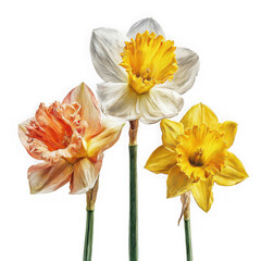 Three spring bloomers, daffodils on white background