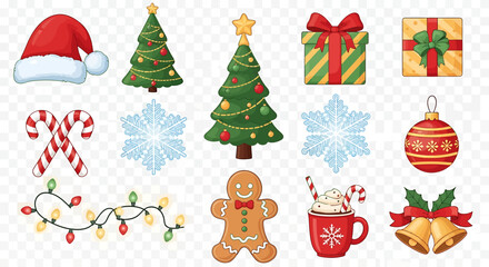 Delightful Christmas icons to spread holiday cheer, featuring vibrant gifts, trees, snowflakes, and ornaments for your festive designs and merry projects