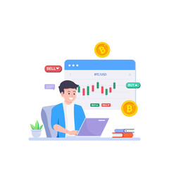 Cryptocurrency trading and growing concept flat illustration vector template, Bitcoin rising, Stock exchange scene with computer, Crypto investment strategy