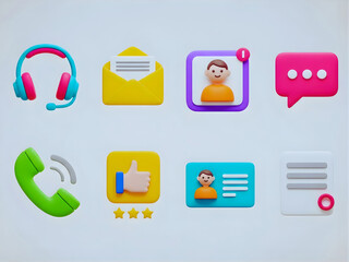 Retro communication icons set – headset, email, chat, phone, profile. 3D icon set