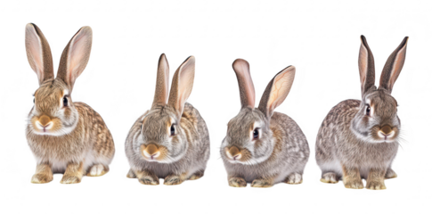 A group of four adorable rabbits of varying colors and sizes sitting side by side on a clean. white background. their distinct features and expressions. ideal for nature-themed designs
