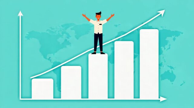 Businessman Standing on Rising Growth Chart with World Map Background Celebrating Success