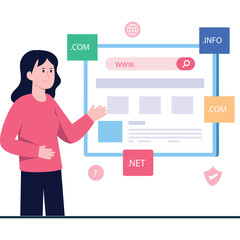 Young Woman Gesturing Towards a Website Interface Displaying Domain Names and Search Bar Illustration