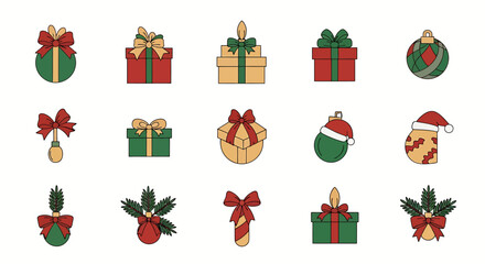 Delightful Christmas icons to spread holiday cheer, featuring vibrant gifts, trees, snowflakes, and ornaments for your festive designs and merry projects