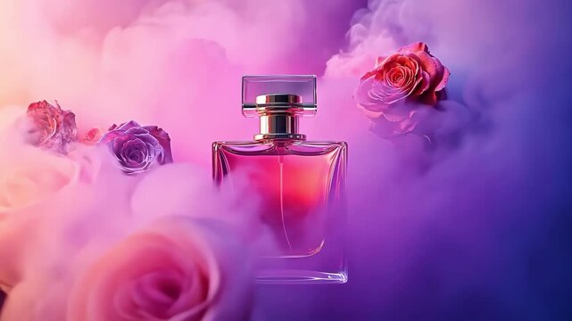 Elegant perfume bottle surrounded by roses and dreamy, colorful smoke.