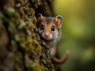 A small dormouse peeks from behind a textured tree trunk, showing its soft fur and bright eyes. The blurred green forest background creates a gentle, natural atmosphere