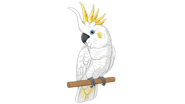 White cockatoo with yellow crest on branch, isolated on transparent background