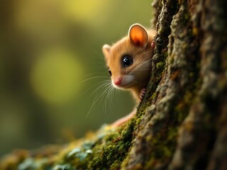 A small dormouse peeks from behind a textured tree trunk, showing its soft fur and bright eyes. The blurred green forest background creates a gentle, natural atmosphere