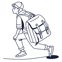 A stylized line drawing of a young person wearing a baseball cap and a backpack in a dynamic pose ready for adventure or travel