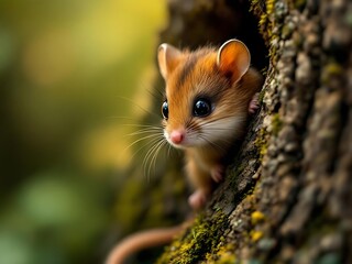 A small dormouse peeks from behind a textured tree trunk, showing its soft fur and bright eyes. The blurred green forest background creates a gentle, natural atmosphere