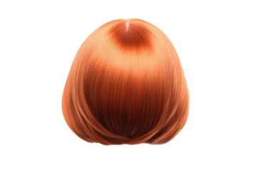 A orange wig with a sleek bob cut displayed against a plain white background. emphasizing its glossy texture and color. ideal for fashion shoots or costume design