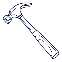 A simple hand drawn outline illustration of a claw hammer with a dark blue outline on a white background perfect for diy and construction projects