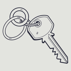 Simple hand drawn illustration of a single metal house key attached to a round keyring on a plain grey background