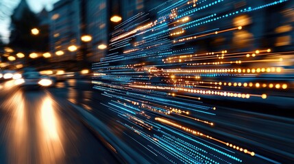 Abstract visualization of data streams with blue and orange lights, blurred city street, cars, and buildings in the background, conveying speed and technology.
