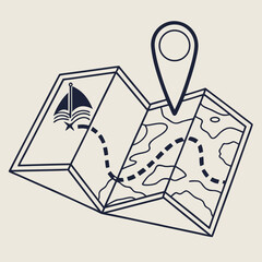A stylized line art illustration of a folded map with a location pin marking a dotted path across a topographical representation of land and water