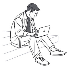 Young man sitting outdoors on steps using a laptop computer for work or study with a focused expression and casual clothing
