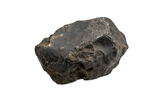 A close-up view of a rough. dark rock its textured surface and natural imperfections. set against a clean white background. ideal for educational or geological contexts