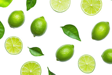 A arrangement of fresh limes and lime slices scattered on a clean white background. their bright green color and natural leaves. ideal for culinary and health-related visuals