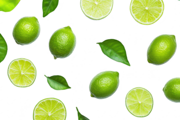 A arrangement of fresh limes and lime slices scattered on a clean white background. their bright green color and natural leaves. ideal for culinary and health-related visuals