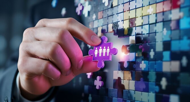 Hand placing puzzle piece in digital screen, teamwork concept.