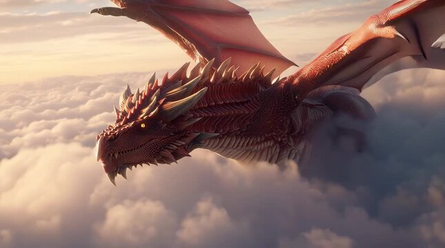 Red Dragon Flying Through Mysterious Clouds &ndash; Epic Fantasy Creature in Sky Atmosphere