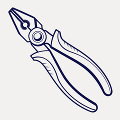 A simple clean and modern line art illustration of a pair of dark blue combination pliers isolated on a light neutral background with plenty of copy space for design elements