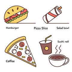 Collection of popular fast food and drink icons including a hamburger pizza slice salad bowl sushi roll coffee and a beverage cup with straw