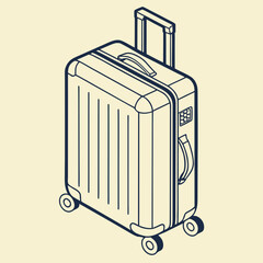 Modern minimalist isometric line art illustration of a sleek rolling suitcase with a retractable handle and wheels on a plain background representing travel and journeys