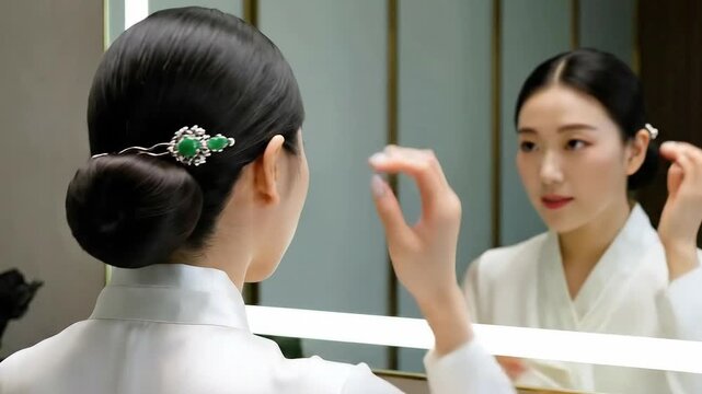 Elegant Woman Preparing Traditional Korean Attire Adjusting Hair Pin