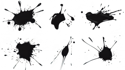 A collection of six dynamic black paint splashes on a white background. various shapes and sizes. ideal for creative design projects or artistic expressions