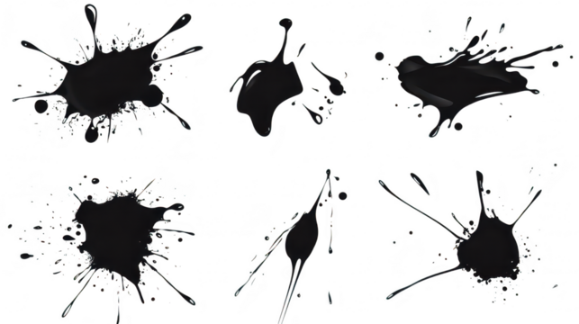 A collection of six dynamic black paint splashes on a white background. various shapes and sizes. ideal for creative design projects or artistic expressions