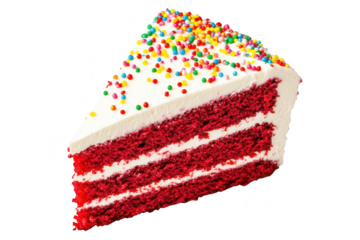 A slice of red velvet cake with layers of cream cheese frosting and colorful sprinkles. set against a clean white background. perfect for dessert-themed promotions or culinary blogs