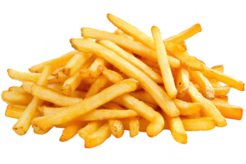 A delicious and golden pile of freshly cooked French fries. a crispy texture. set against a clean white background. perfect for food-related content and culinary use