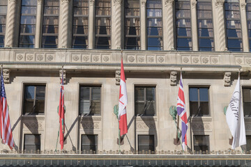 Fototapeta premium detail of front entrance facade of Fairmont Royal York, a five-star hotel, located at 100 Front St W, Toronto