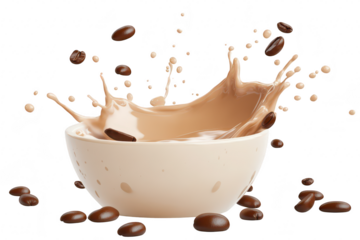 A dynamic splash of creamy coffee in a bowl. surrounded by scattered coffee beans. capturing the essence of a rich beverage experience. perfect for culinary or beverage-related content