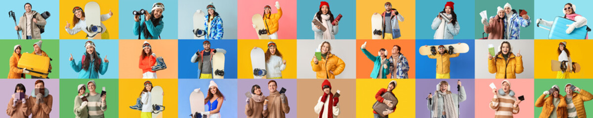 Collage of tourists in winter clothes on color background